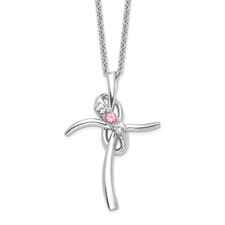 Image of Survivor Collection 10K White Gold Rhodium-plated 16 Inch White and Pink Topaz Grace Cross Necklace with 2 Inch Extender