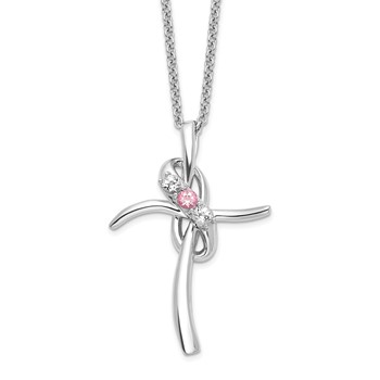 Survivor Collection 10K White Gold Rhodium-plated 16 Inch White and Pink Topaz Grace Cross Necklace with 2 Inch Extender
