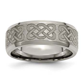 Chisel Titanium Brushed and Polished Celtic Laser Design 8mm Beveled Edge Band