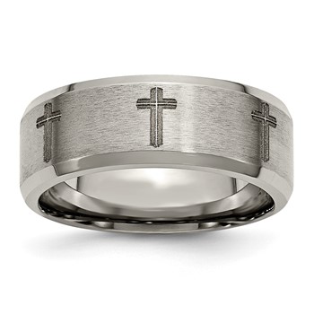 Chisel Titanium Brushed and Polished Cross Laser Design 8mm Beveled Edge Band