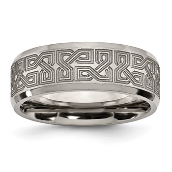 Chisel Titanium Brushed and Polished Greek Key Laser Design 8mm Beveled Band