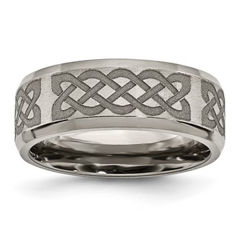 Chisel Titanium Brushed and Polished Celtic Laser Design 8mm Beveled Edge Band