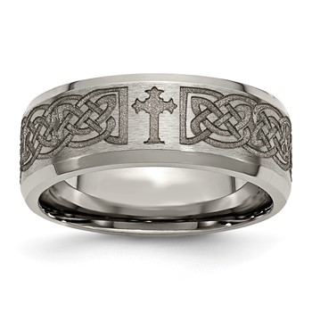 Chisel Titanium Brushed and Polished Cross Laser Design 8mm Beveled Edge Band
