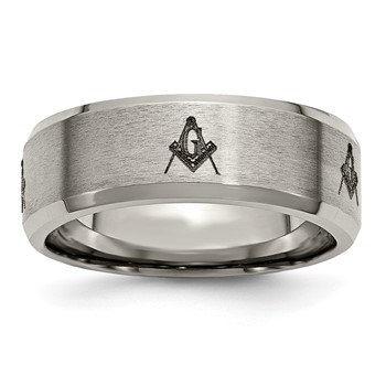 Chisel Titanium Brushed and Polished Masonic Laser Design 8mm Beveled Edge Band