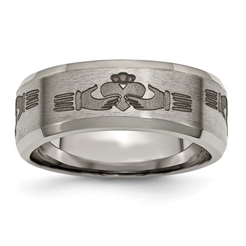 Chisel Titanium Brushed and Polished Claddagh Laser Design 8mm Beveled Edge Band
