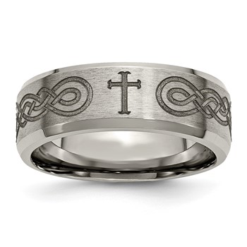 Chisel Titanium Brushed and Polished Cross Laser Design 8mm Beveled Edge Band