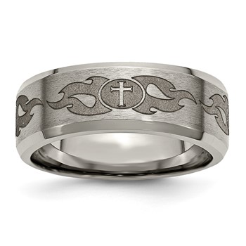 Chisel Titanium Brushed and Polished Cross Laser Design 8mm Beveled Edge Band
