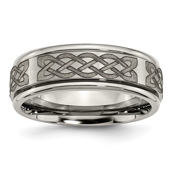 Chisel Titanium Brushed and Polished Celtic Laser Design 8mm Ridged Edge Band