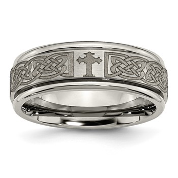 Chisel Titanium Brushed and Polished Cross Laser Design 8mm Ridged Edge Band