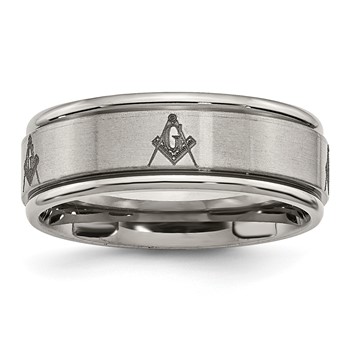 Chisel Titanium Brushed and Polished Masonic Laser Design 8mm Ridged Edge Band