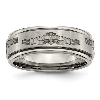 Chisel Titanium Brushed and Polished Claddagh Laser Design 8mm Ridged Edge Band