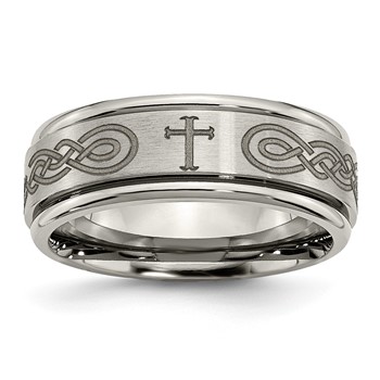 Chisel Titanium Brushed and Polished Cross Laser Design 8mm Ridged Edge Band
