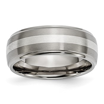 Chisel Titanium Brushed and Polished with Sterling Silver Inlay 8mm Ridged Edge Band