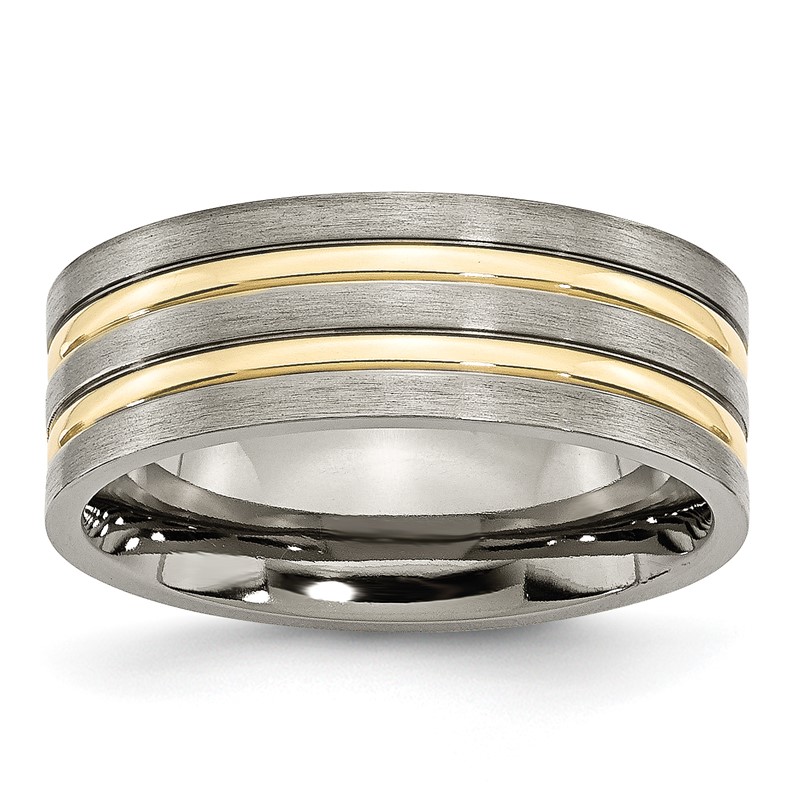 Men's 8.0mm Engravable Multi-Finish Double Groove Wedding Band in Titanium  and Yellow IP (1 Line)