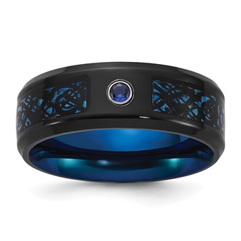 Chisel Titanium Polished Black and Blue IP-plated with Blue CZ Carbon Fiber Inlay in Clear Epoxy 8mm Band