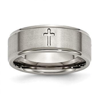 Chisel Titanium Brushed Center Cross 8mm Ridged Edge Band