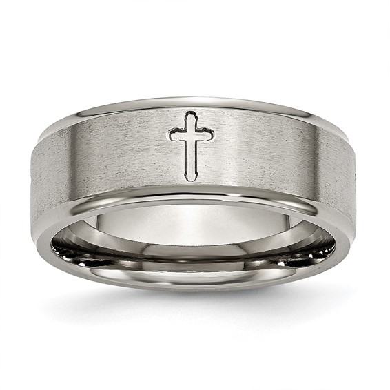 Chisel Titanium Ridged Edge Cross 8mm Brushed and Polished Band