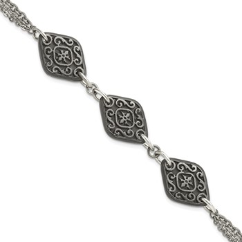 Titanium Sterling Silver Black Ti Polished & Etched 3-Charm Bracelet