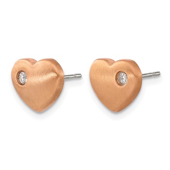 Chisel Titanium Brushed Rose IP-plated with CZ Heart Post Earrings — alternate view