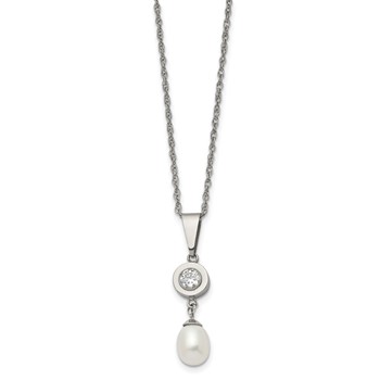 Chisel Titanium Polished with CZ and Freshwater Cultured Pearl 22 inch Necklace — alternate view