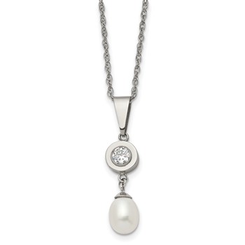 Chisel Titanium Polished with CZ and Freshwater Cultured Pearl 22 inch Necklace