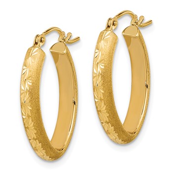14K Polished and Satin Diamond-cut Oval Hoop Earrings — alternate view