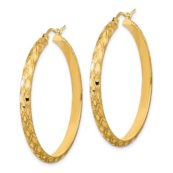 14K Polished and Satin Diamond-cut Diamond Pattern Hoop Earrings — alternate view
