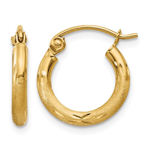 10k Satin and Diamond-cut 2mm Round Tube Hoop Earrings