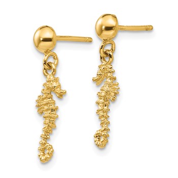 14k 3-D Mini Seahorse Dangle Post Earrings — alternate view