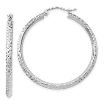 14K White Gold 2.5x25mm Knife-Edge Diamond-cut Tube Hoop Earrings
