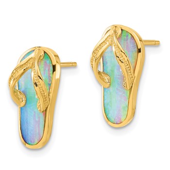 14k Polished with Lab Created White Opal Flip-Flop Post Earrings — alternate view