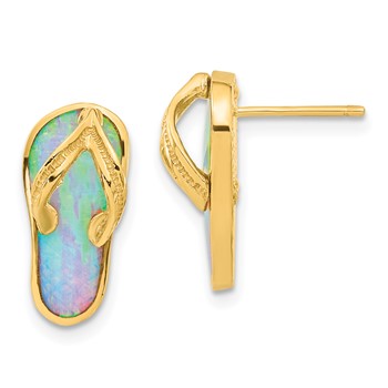 14k Polished with Lab Created White Opal Flip-Flop Post Earrings