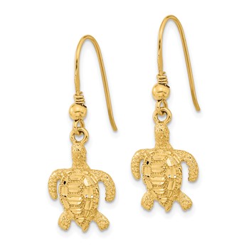 14k Polished and Textured Diamond-cut Turtle French Hook Earrings — alternate view