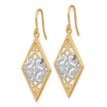 14K and White Rhodium Diamond-Shape Filigree Dangle French Hook Earrings — alternate view