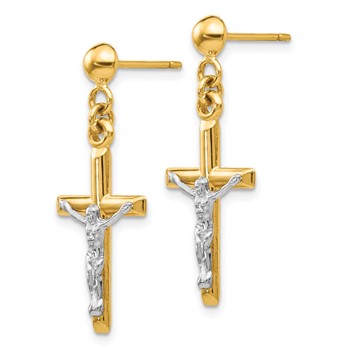 14k Two-tone Hollow Crucifix Dangle Post Earrings — alternate view
