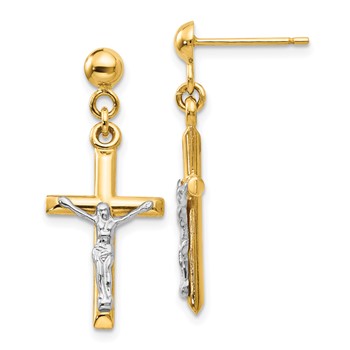 14k Two-tone Hollow Crucifix Dangle Post Earrings