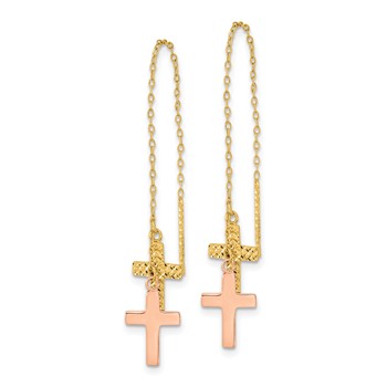 14k Yellow and Rose Gold Diamond-cut Polished 2-Crosses Threader Earrings — alternate view