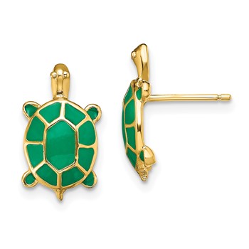 14K Land Turtle with Green Enamel Post Earrings