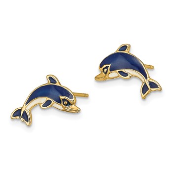 14K Blue and White Enamel Dolphin Post Earrings — alternate view