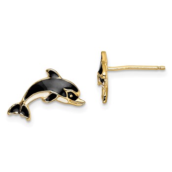 14K White and Black Enamel Dolphin Post Earrings