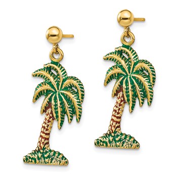 14K Green and Brown Enamel Palm Tree Dangle Post Earrings — alternate view