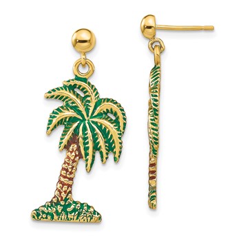 14K Green and Brown Enamel Palm Tree Dangle Post Earrings