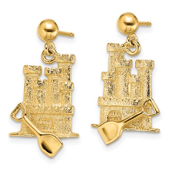 14K 3-D Sand Castle with Shovel Dangle Post Earrings — alternate view