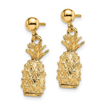 14K 3-D Textured Pineapple Dangle Post Earrings — alternate view