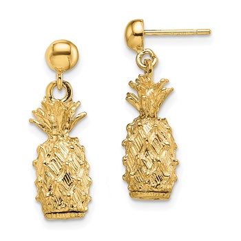 14K 3-D Textured Pineapple Dangle Post Earrings