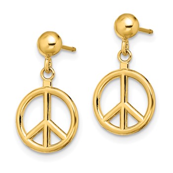 14K 3-D Polished Peace Symbol Dangle Post Earrings — alternate view