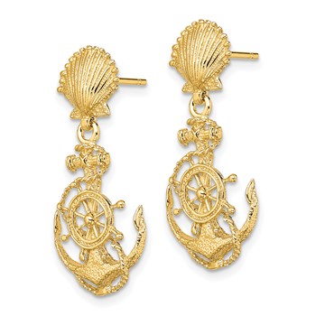 14K Shell and Anchor with Ships Wheel Dangle Post Earrings — alternate view
