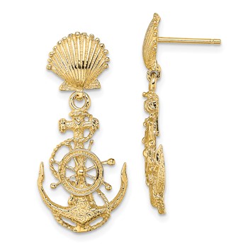 14K Shell and Anchor with Ships Wheel Dangle Post Earrings