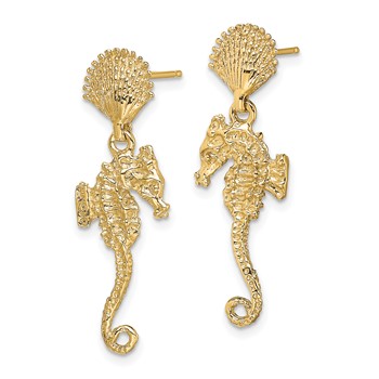 14K Shell and Seahorse Dangle Post Earrings — alternate view