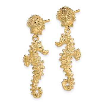 14K Seahorse Dangling From Shell Post Earrings — alternate view